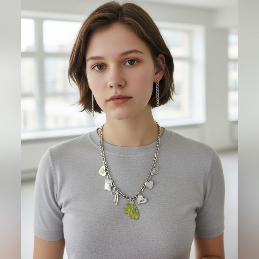 Silver Tone Charm Necklace with Heart and Leaf Accents And EARRINGS SET